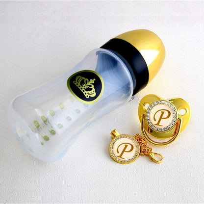 240ml Gold Baby Bottle With Chain Clip Set (26 Letters options)