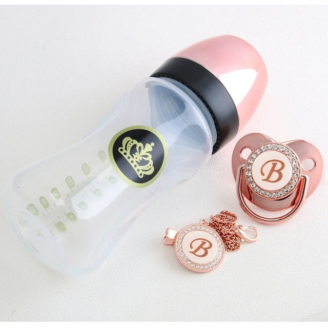 240ml Rose Gold Baby Bottle With Chain Clip Set (26 Letters options)